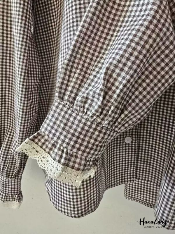 LEA67 拼接蕾絲領格紋襯衫 