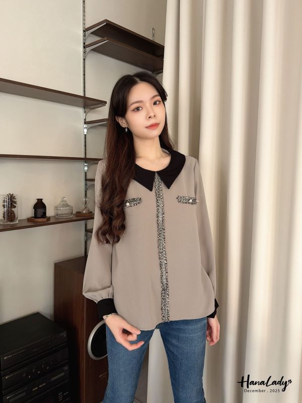 WQA45 毛呢線條小香風雪紡衫 