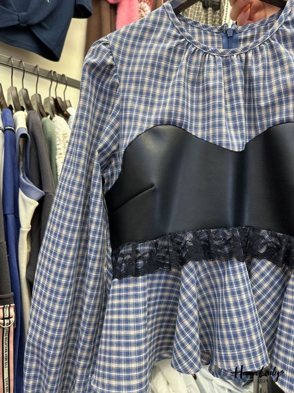 FQA75 冬日格紋皮革拼接蕾絲上衣 