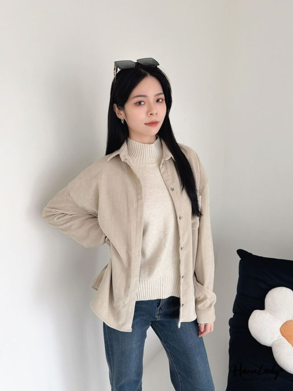 LEA39 高質感克羅心釦絨布襯衫 