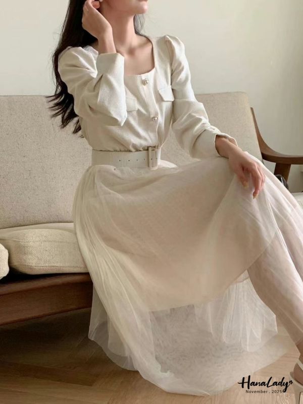 WJA58 精緻珍珠金釦接紗長洋 