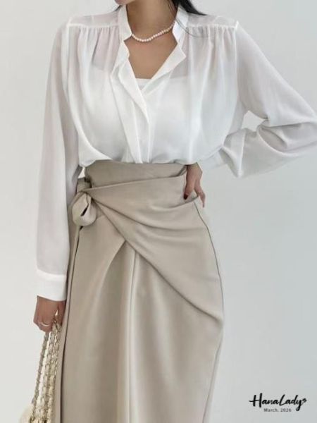 LSA24 優雅排釦V領雪紡衫 