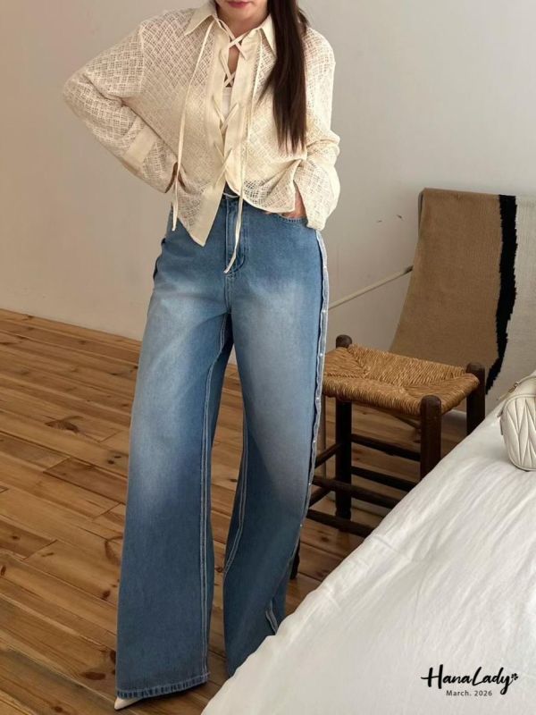 LSA52 珍珠反摺邊直筒丹寧褲 