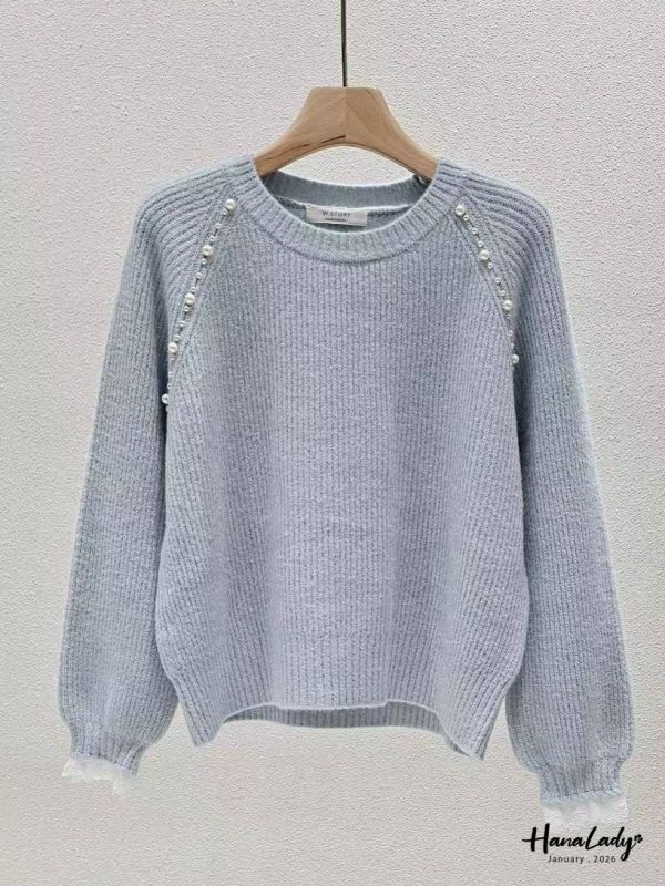 LEA10 銀蔥細閃釘珠蕾絲袖上衣 