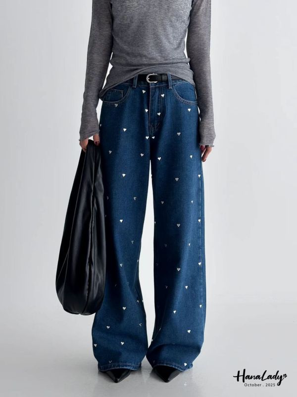 WTB28 燙銀愛心直筒丹寧褲 