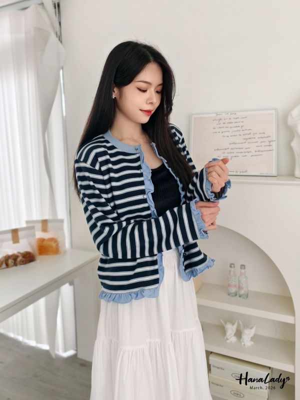 LSA09 質感花瓣邊條紋排釦上衣 