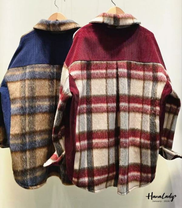 LEA75 棉絨拼接燈心絨格紋衫 