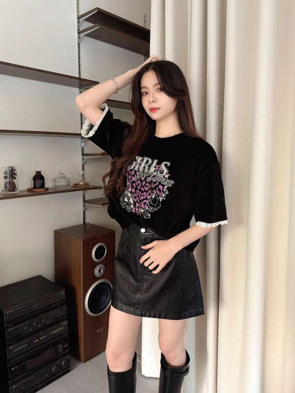 WQA31 GIRLS珍珠蕾絲豹紋絨布T 