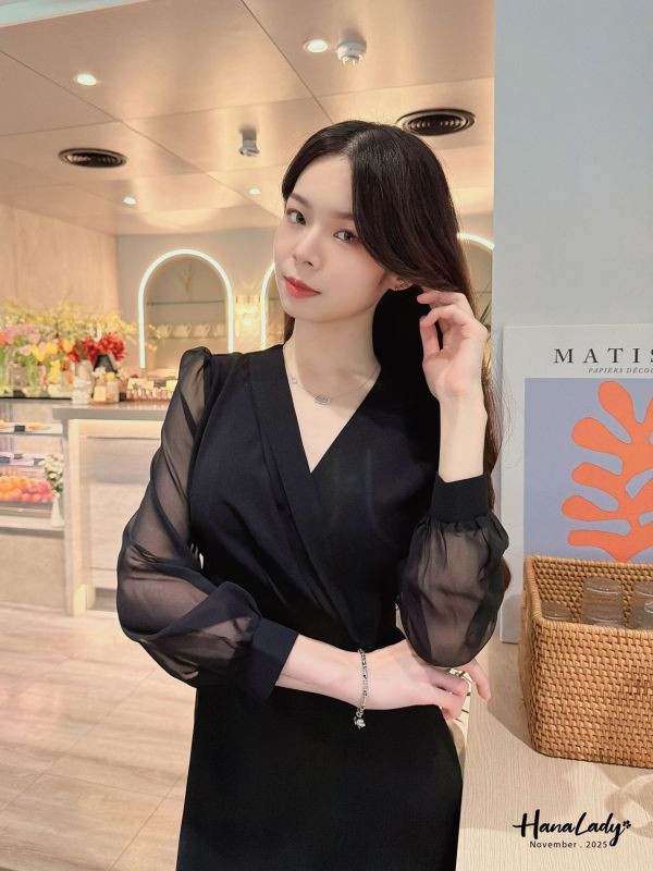 WJA59 層次交叉領透袖雪紡短洋 