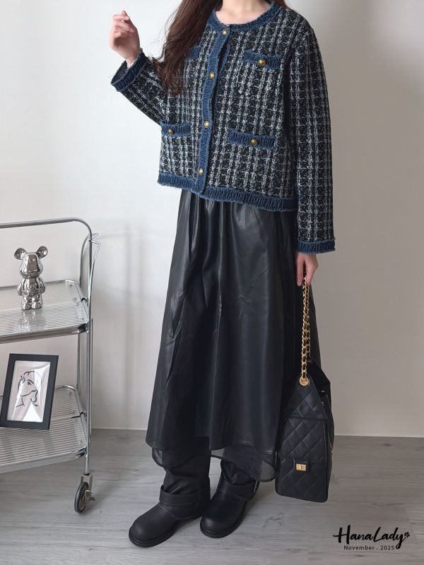 WJA82 層次接紗鬆緊腰皮裙 