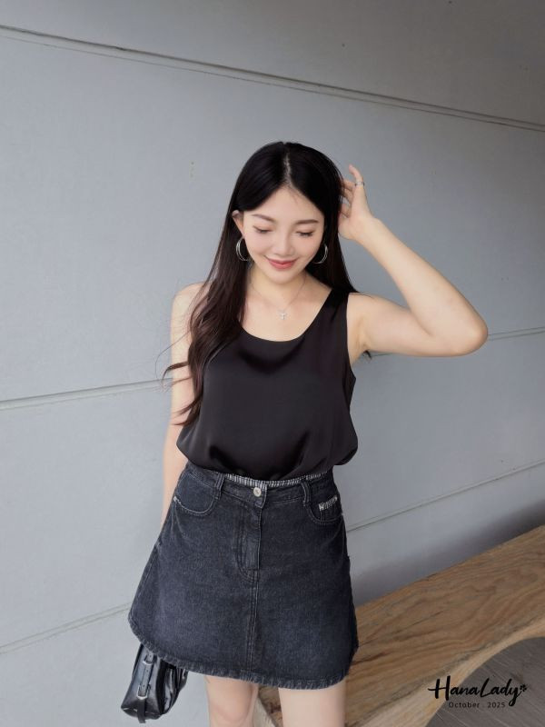 WTB38 顯瘦A字版線條丹寧褲裙 