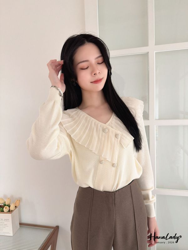 LEA09 親膚細針織拼接雪紡上衣 