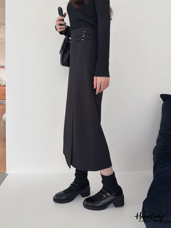 WJA86 氣質雙腰鍊開衩長裙 