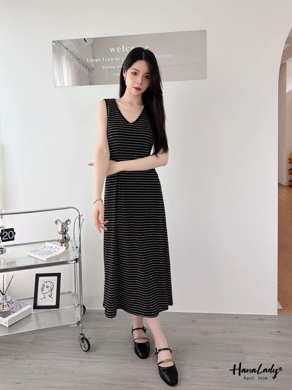 LFA84 涼感綁帶設計條紋長洋 