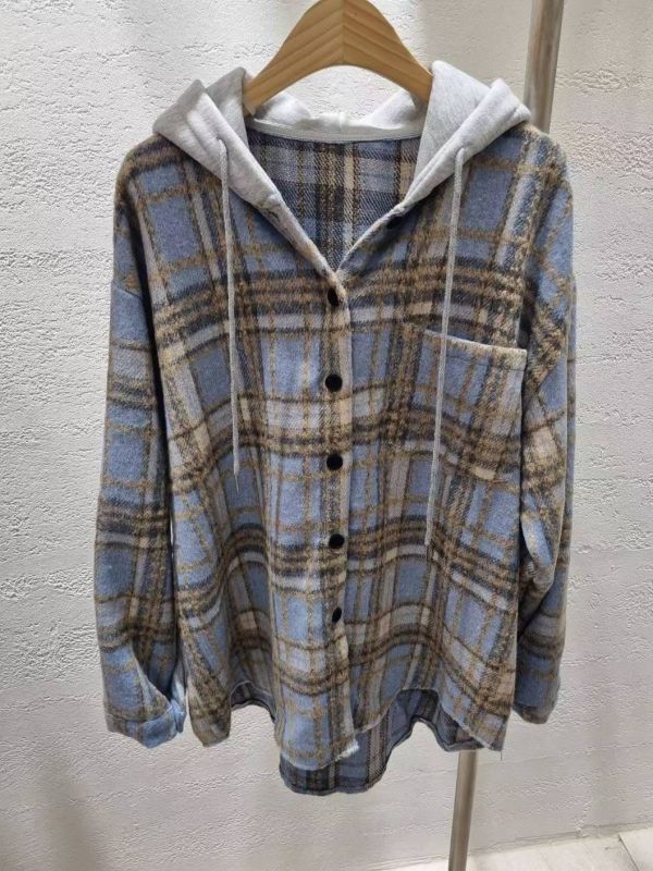 WQA94 配色格紋連帽長版外 