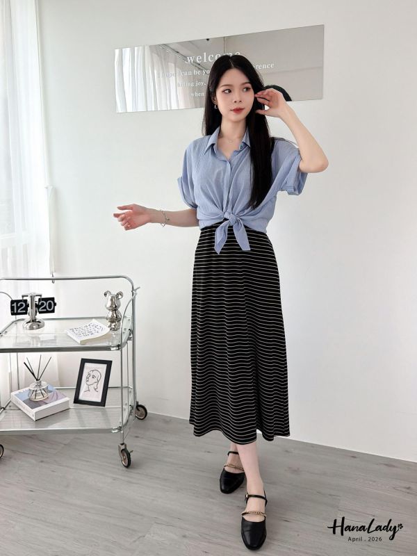 LFA84 涼感綁帶設計條紋長洋 