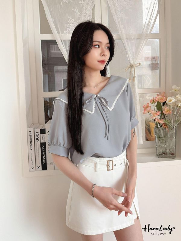 LFA11 甜美蕾絲邊翻領雪紡上衣 