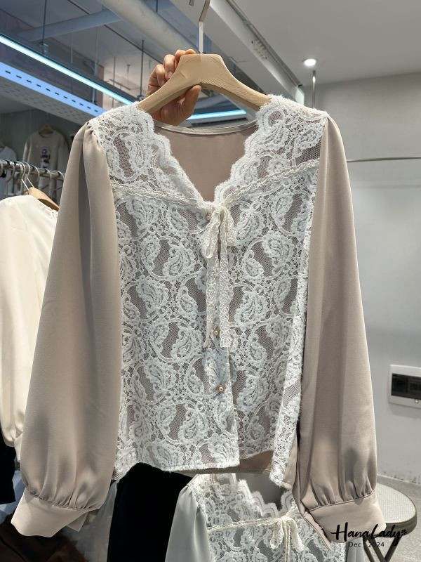 FQA82 綁結滿版蕾絲拼接雪紡衫 