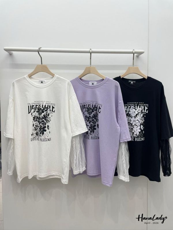 LFA95 假兩件蕾絲袖設計長版T 