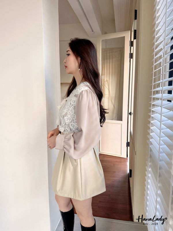 FQA82 綁結滿版蕾絲拼接雪紡衫 