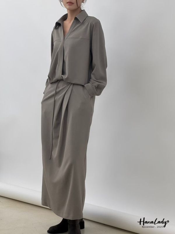 WJB04 氣質壓摺後開衩長裙 