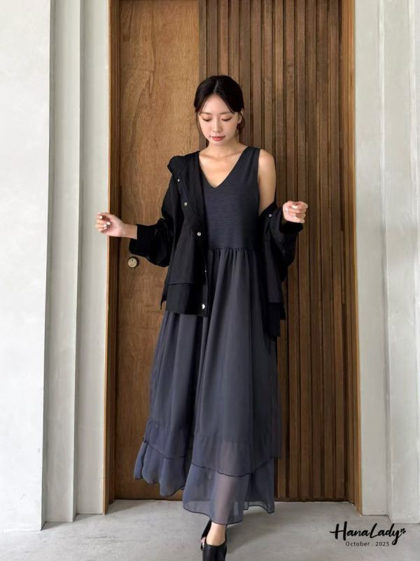 WTA23 異材質拼接層次網紗長洋 