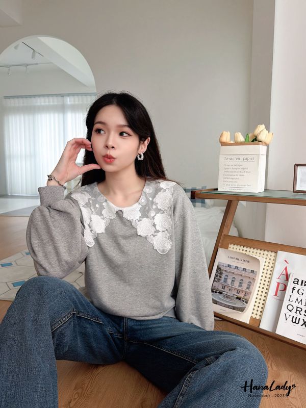 WJA29 浪漫蕾絲玫瑰刺繡領上衣 