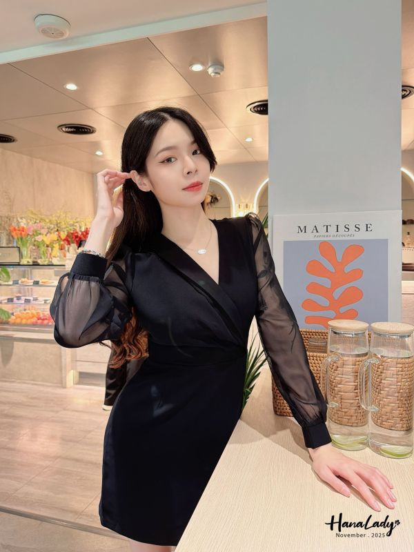 WJA59 層次交叉領透袖雪紡短洋 