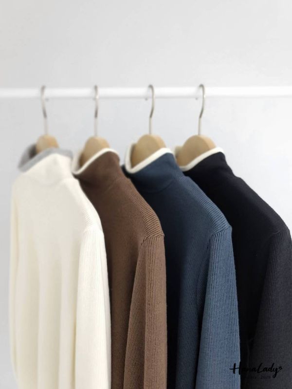 LEA72 配色立領棉絨坑條針織上衣 