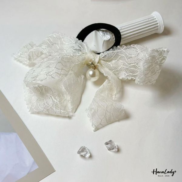 LSA74 珍珠緞帶蕾絲髮圈 