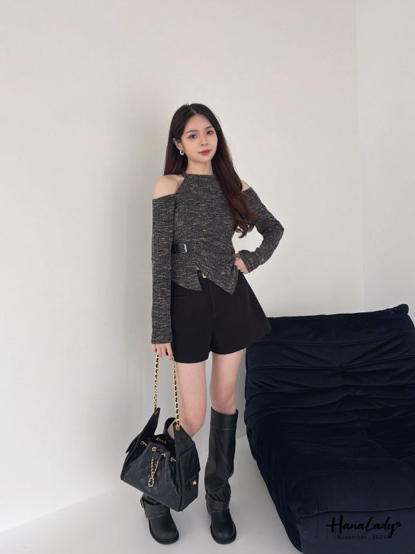 WJA51 設計感掛脖挖肩開衩上衣 