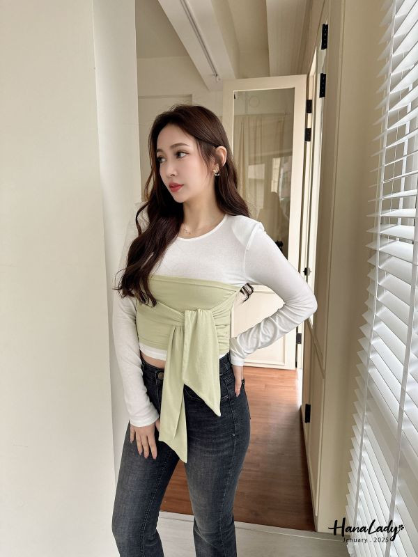 WEA81 舒服混棉綁帶假兩件上衣 