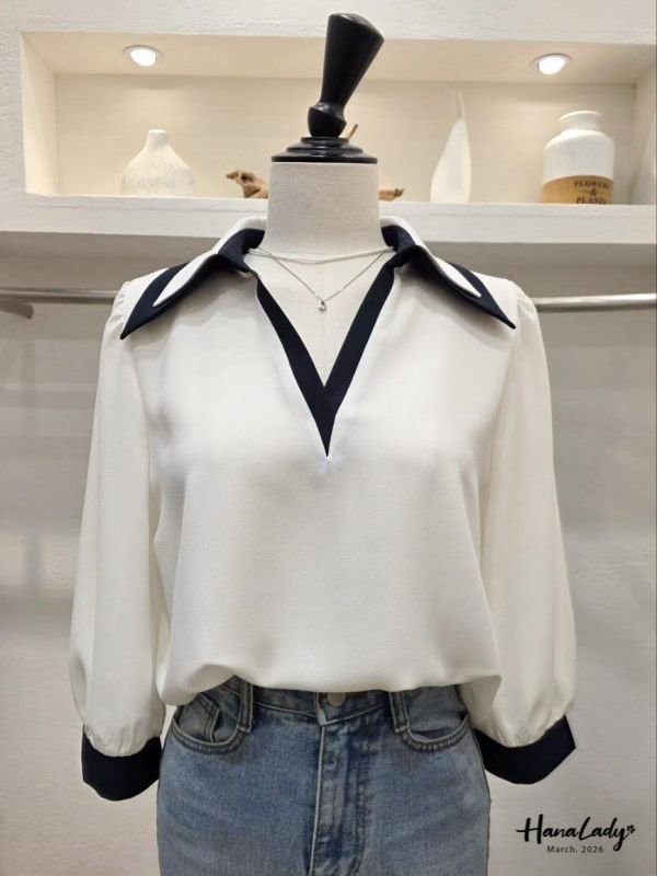 LSA22 層次V領配色雪紡衫 