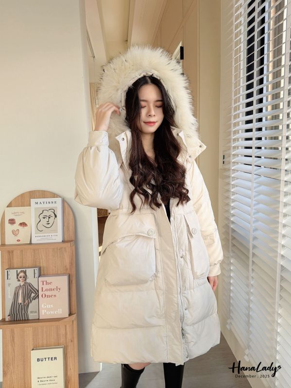WQB32 鴨絨浣熊毛可拆長版外套 