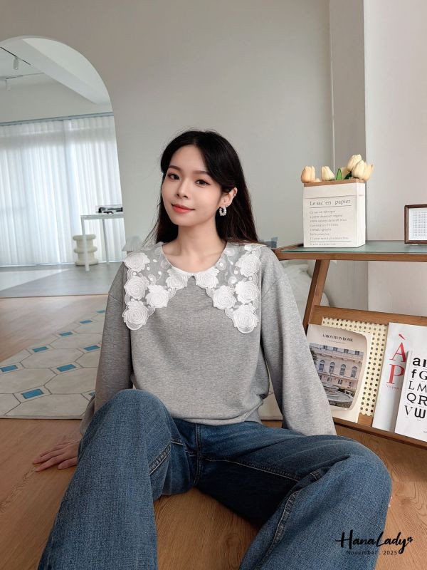 WJA29 浪漫蕾絲玫瑰刺繡領上衣 