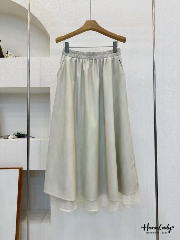 WJA82 層次接紗鬆緊腰皮裙 