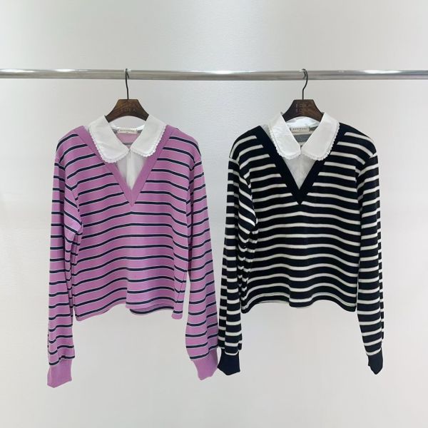 WQA32 假兩件條紋襯衫領上衣 