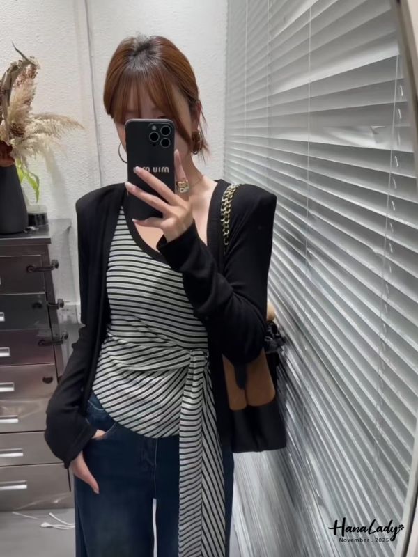 WJA50 收腰綁帶兩件式條紋上衣 