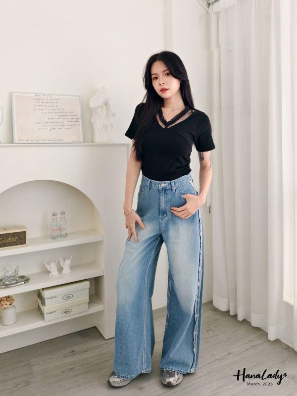 LSA52 珍珠反摺邊直筒丹寧褲 