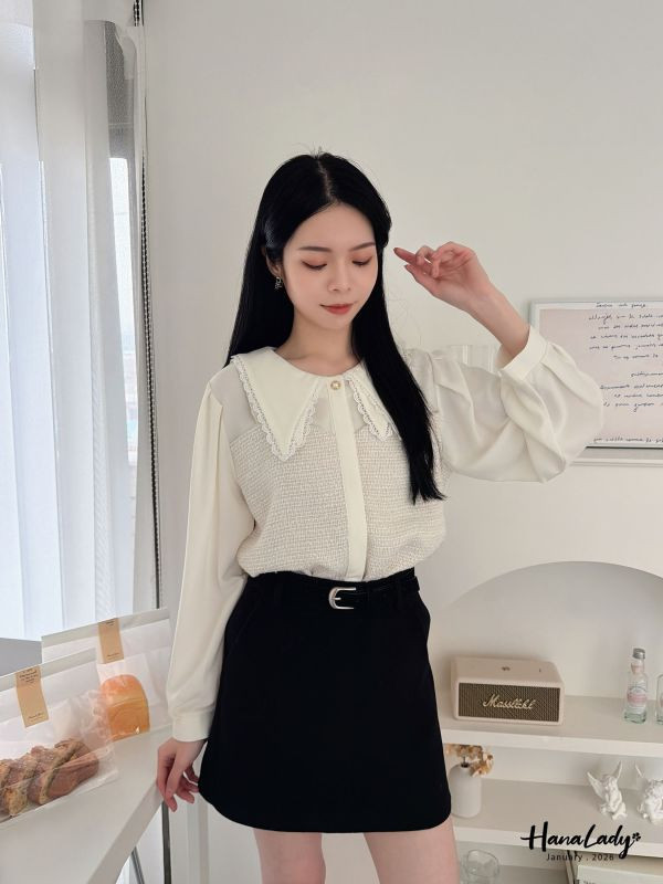 LEA23 超級美麗的毛呢雪紡上衣 