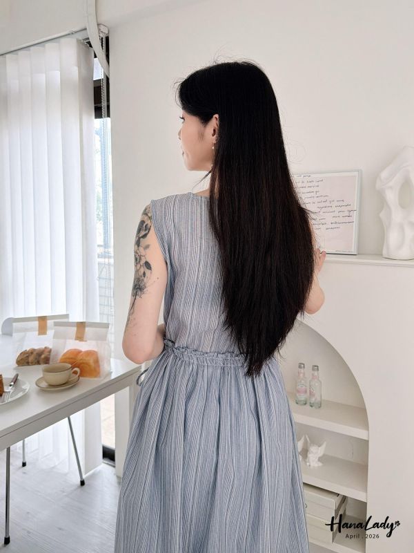 LFA45 方領直條紋綁結長洋 