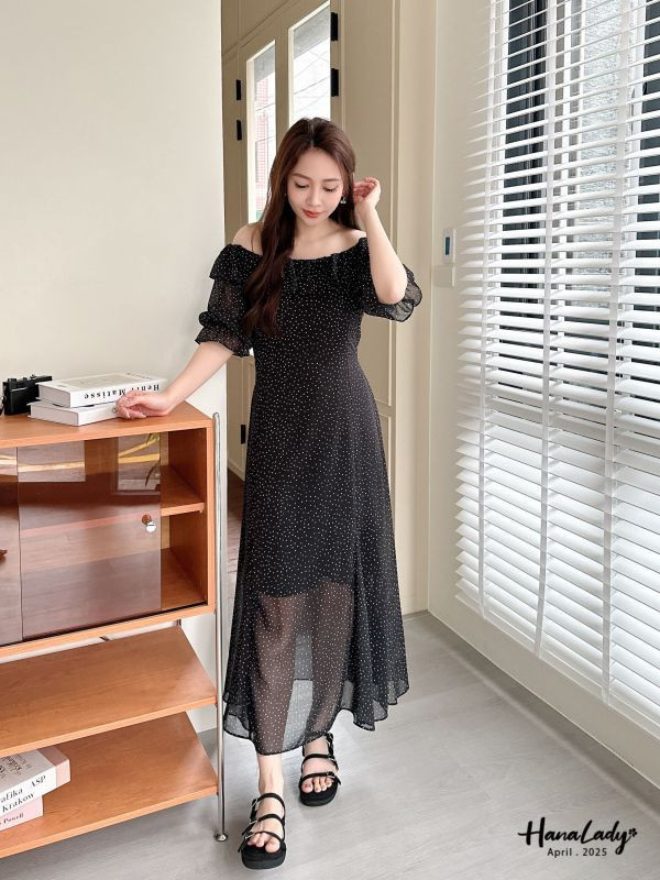 WFA17 復古點點荷葉領長洋 正韓 韓國服飾 韓國連線
