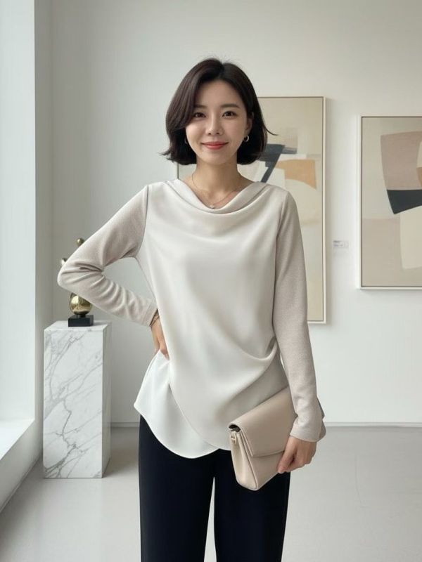 WQA98 垂領雪紡拼接針織衫 