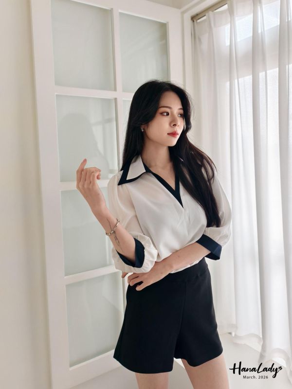 LSA22 層次V領配色雪紡衫 