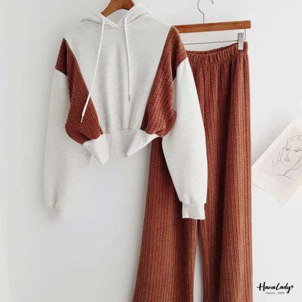 LEA98 絨布拼接內刷毛連帽套裝 