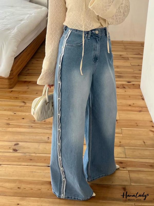 LSA52 珍珠反摺邊直筒丹寧褲 