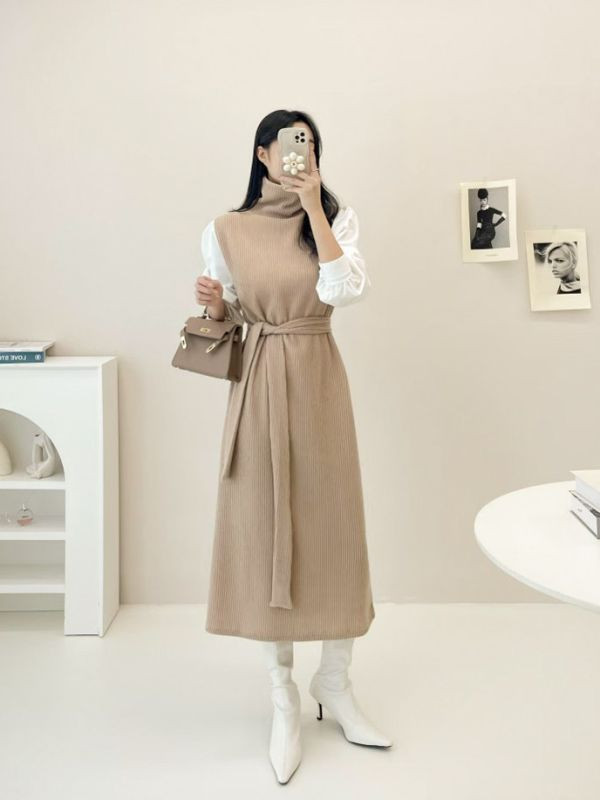 WQB11 高領針織襯衫袖連身裙 