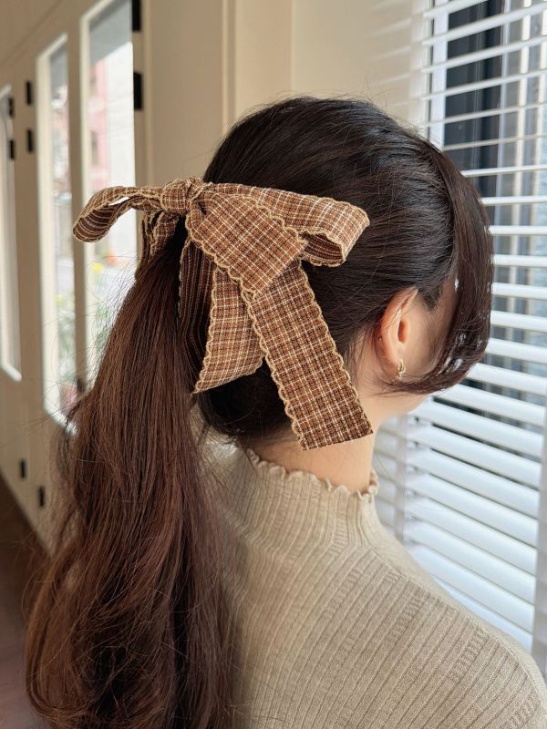 WQB43 格紋垂墜蝴蝶結香蕉夾 