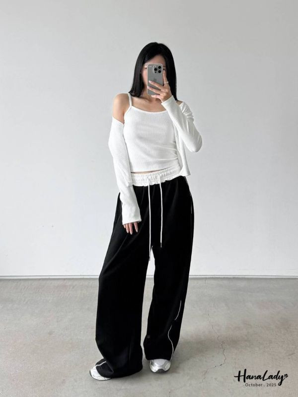 WTA74 線條拼色休閒長褲 