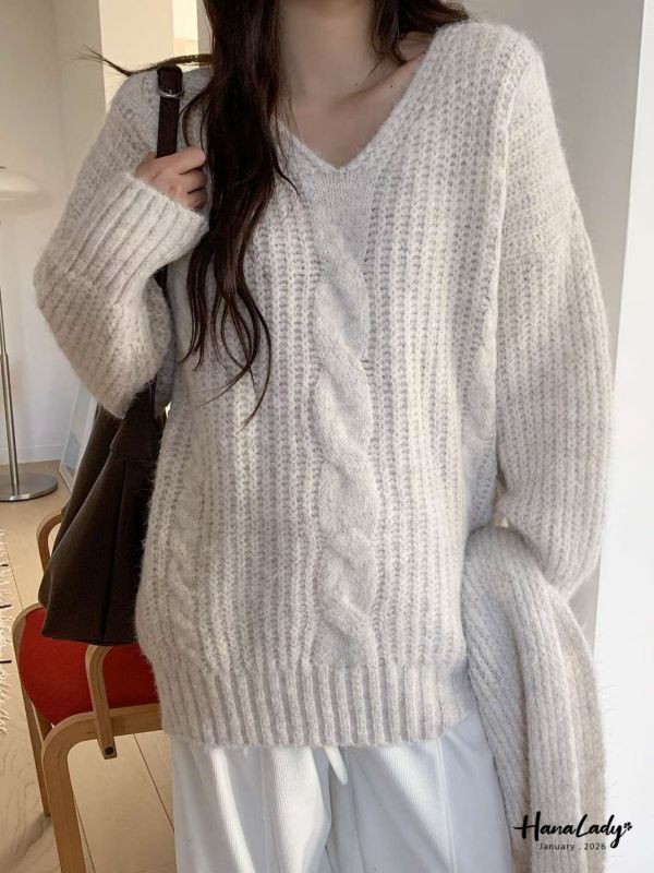 LEA32 麻花V領羊毛上衣附圍巾 